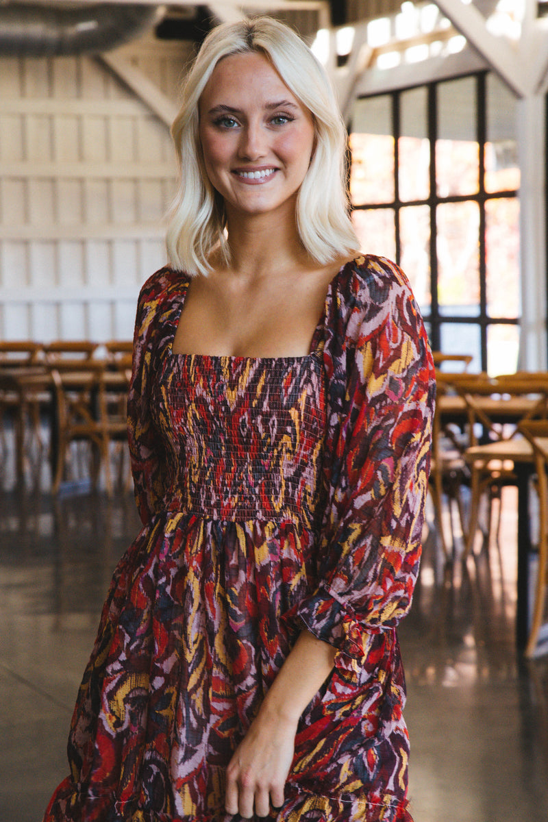 Aubree Smocked Chiffon Midi Dress, Red/Mustard