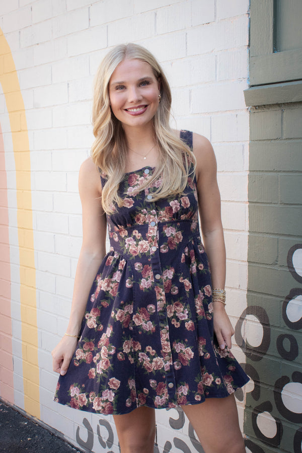 Opal Stone Washed Floral Denim Dress, Navy