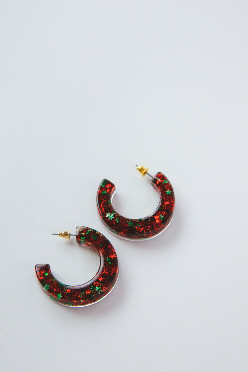 Zoie Glitter Star Hoop Earring, Red/Green