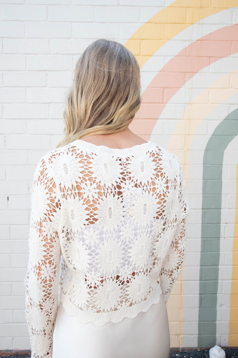 Mona Floral Crochet Cardigan, Natural