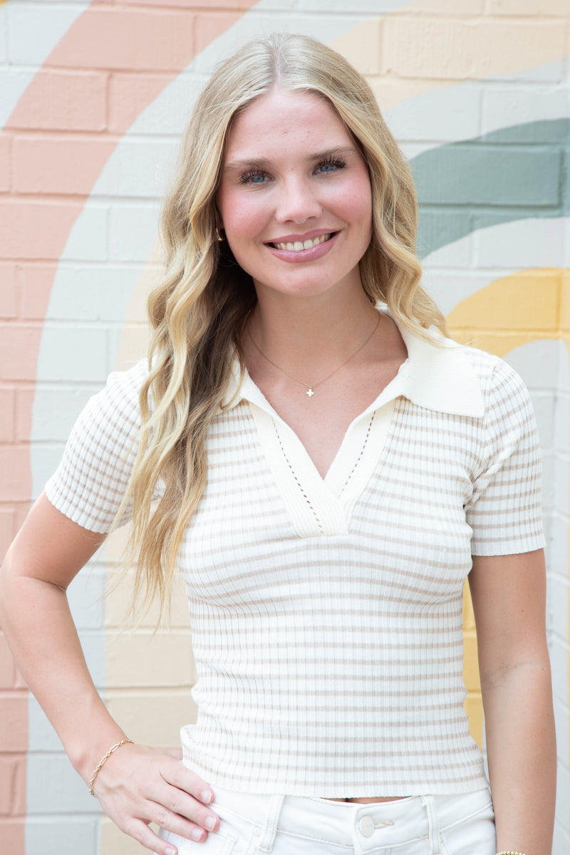 Anne Striped Split Neck Sweater Top, Light Khaki