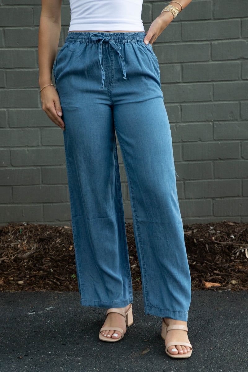 Saige Elastic Waist Tencel Pants, Blue