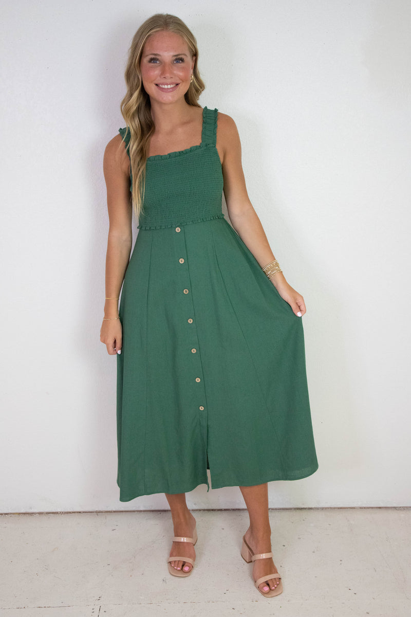 Maisie Smocked Faux Button Down Dress, Moss Green