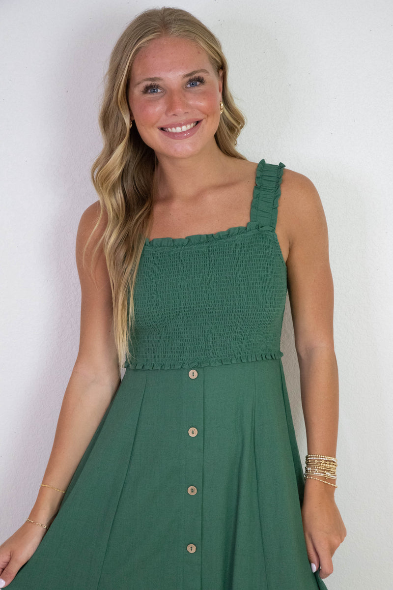 Maisie Smocked Faux Button Down Dress, Moss Green