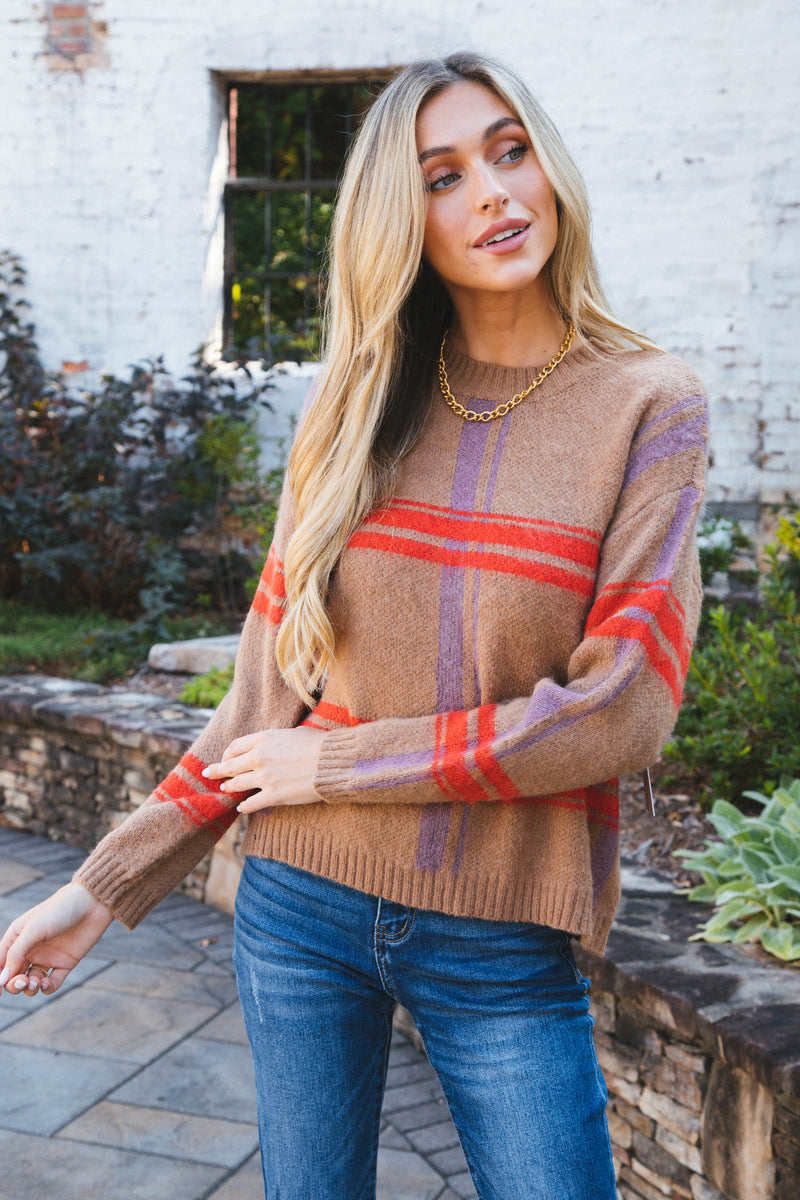 Cataleya Crew Neck Sweater, Coffee Plaid | RD Style