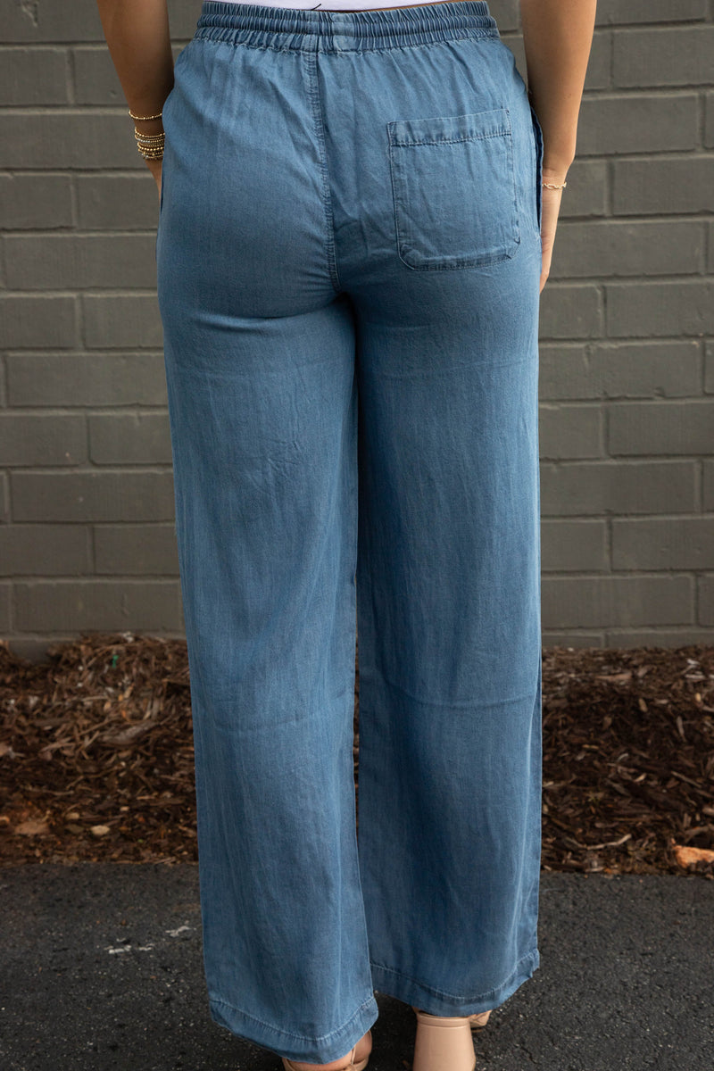 Saige Elastic Waist Tencel Pants, Blue