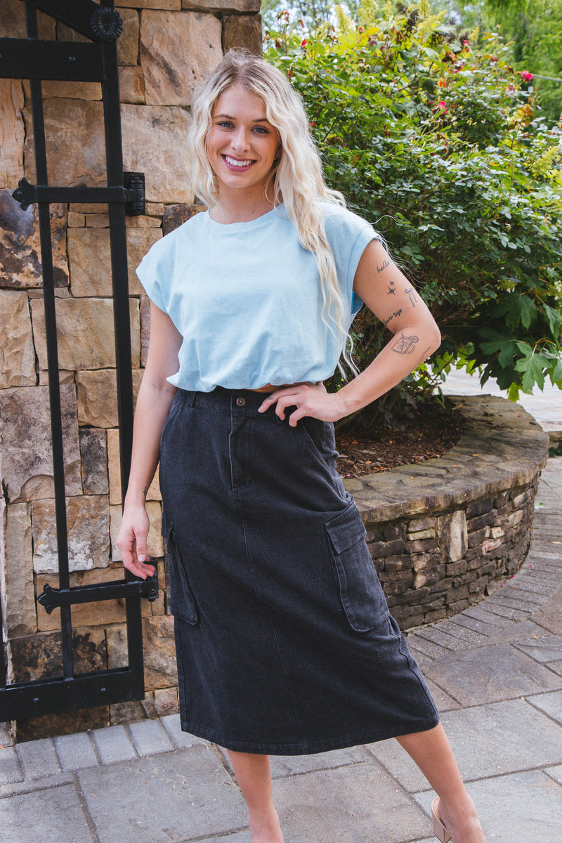 Chloe Denim Cargo Maxi Skirt, Black