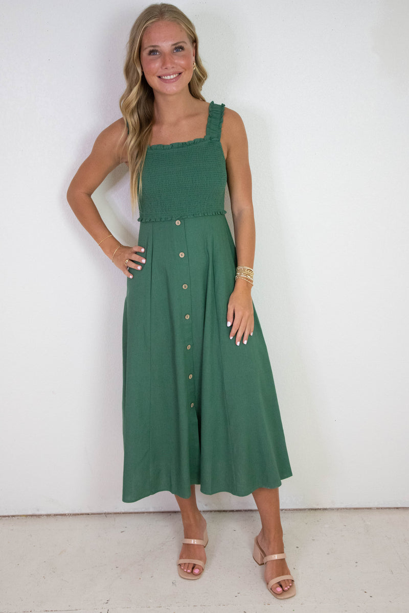 Maisie Smocked Faux Button Down Dress, Moss Green