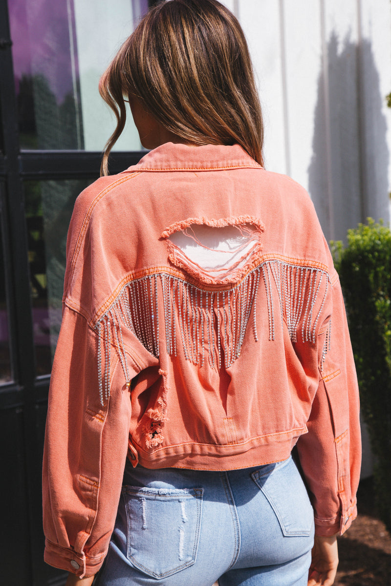Rhinestone Diva Denim Jacket, Tangerine