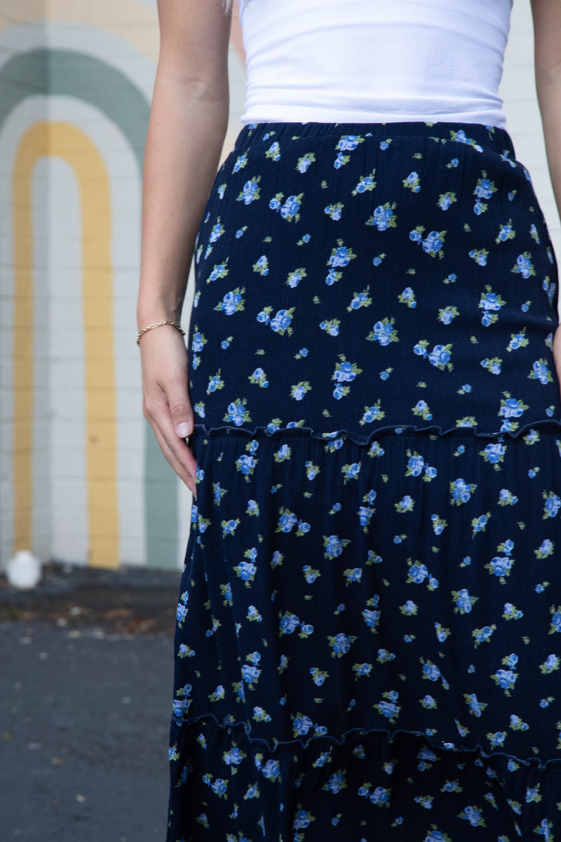 Charli Floral Tiered Midi Skirt, Navy