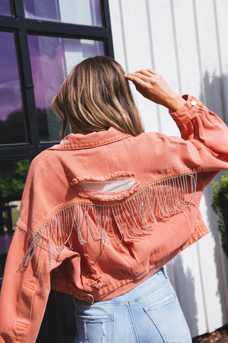 Rhinestone Diva Denim Jacket, Tangerine