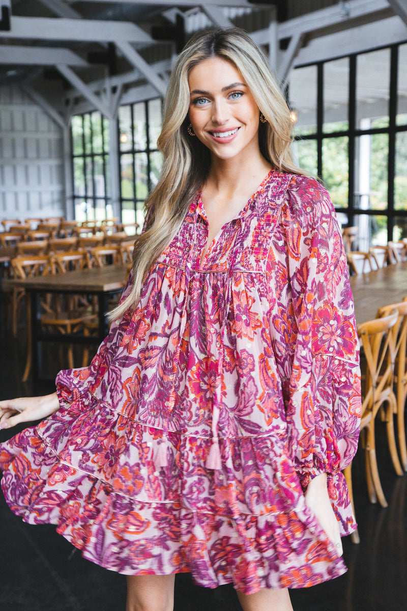 Skyla Tiered Puff Sleeve Dress, Pink Fuchsia