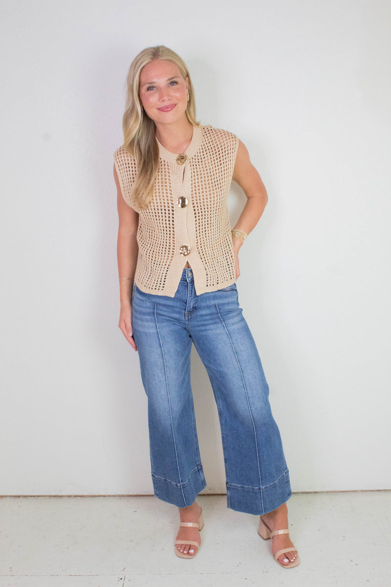 Leah Big Metal Button Sweater Vest, Oatmeal