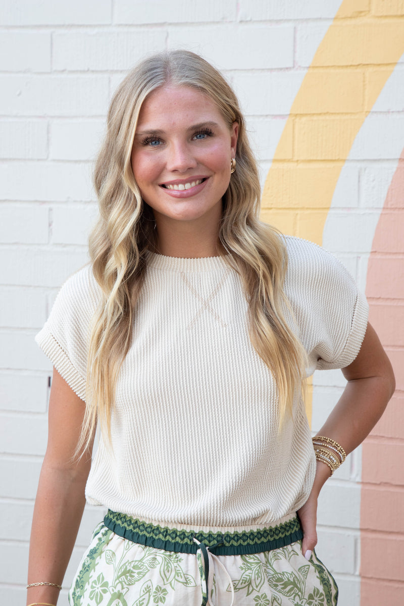 Lilly Ribbed Crew Neck Top, Cream