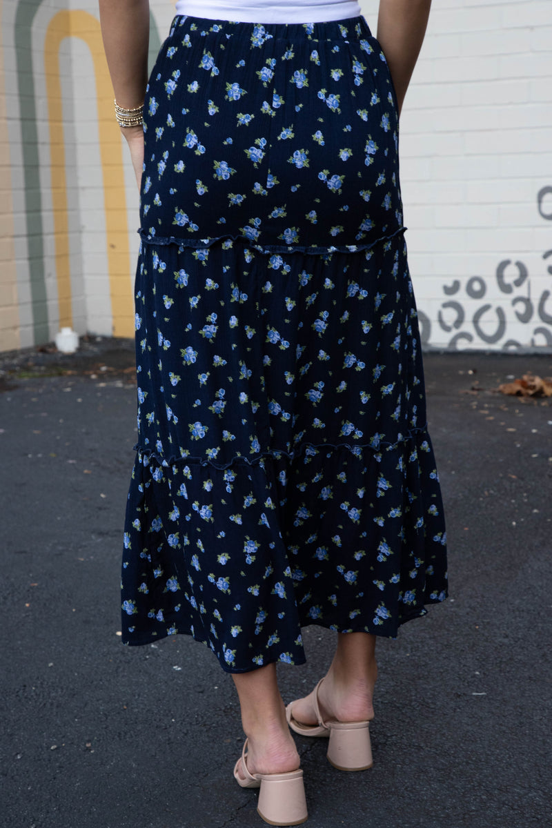 Charli Floral Tiered Midi Skirt, Navy