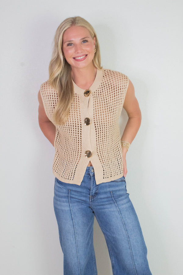 Leah Big Metal Button Sweater Vest, Oatmeal