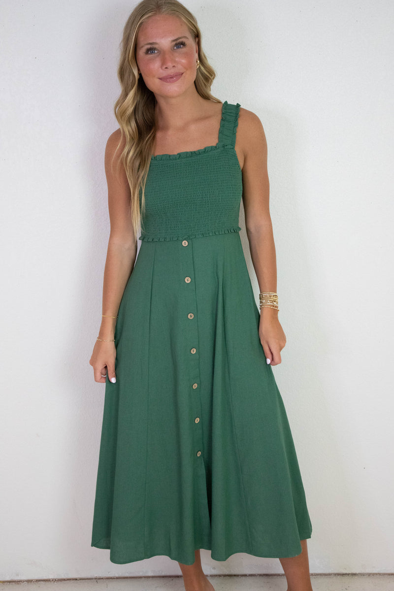Maisie Smocked Faux Button Down Dress, Moss Green