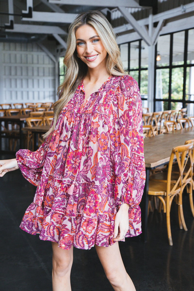 Skyla Tiered Puff Sleeve Dress, Pink Fuchsia