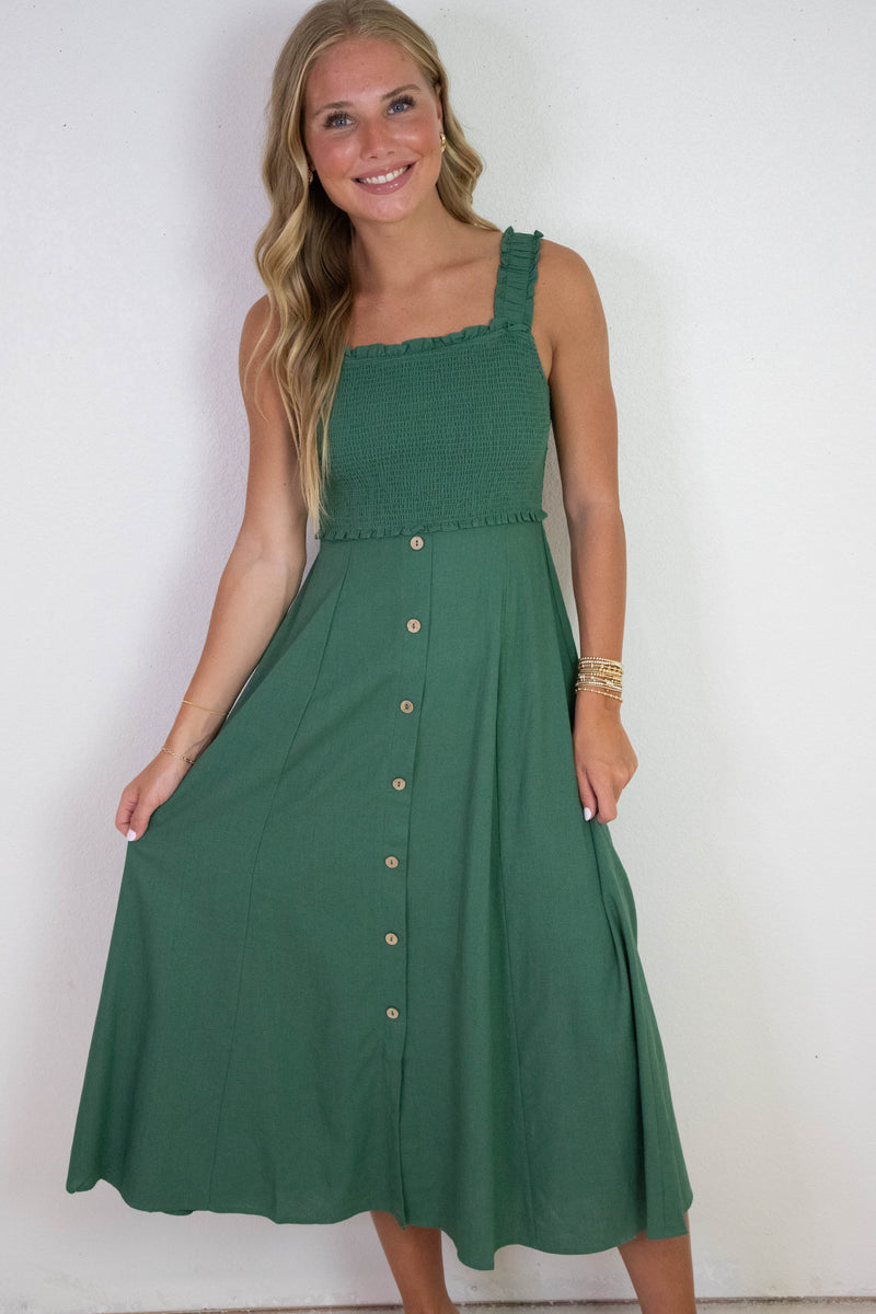 Maisie Smocked Faux Button Down Dress, Moss Green