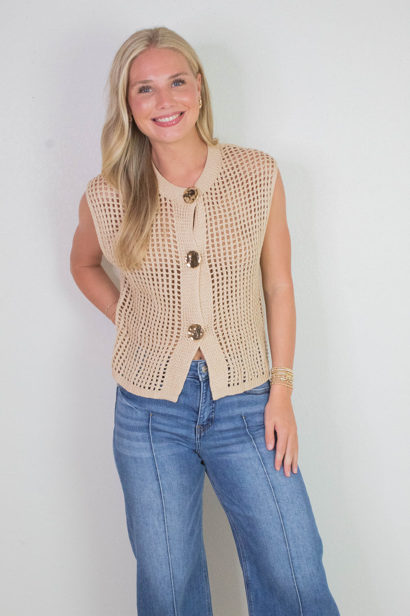 Leah Big Metal Button Sweater Vest, Oatmeal