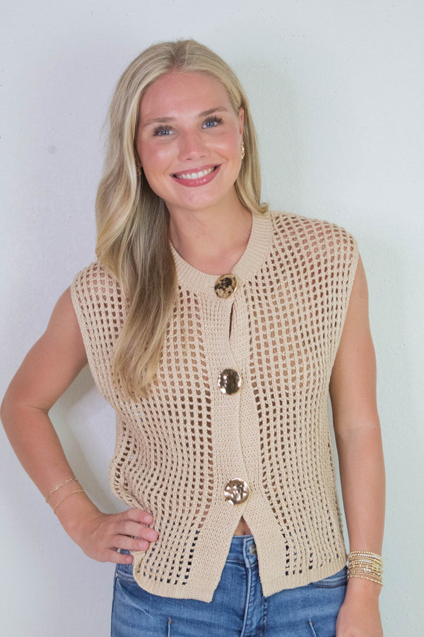 Leah Big Metal Button Sweater Vest, Oatmeal