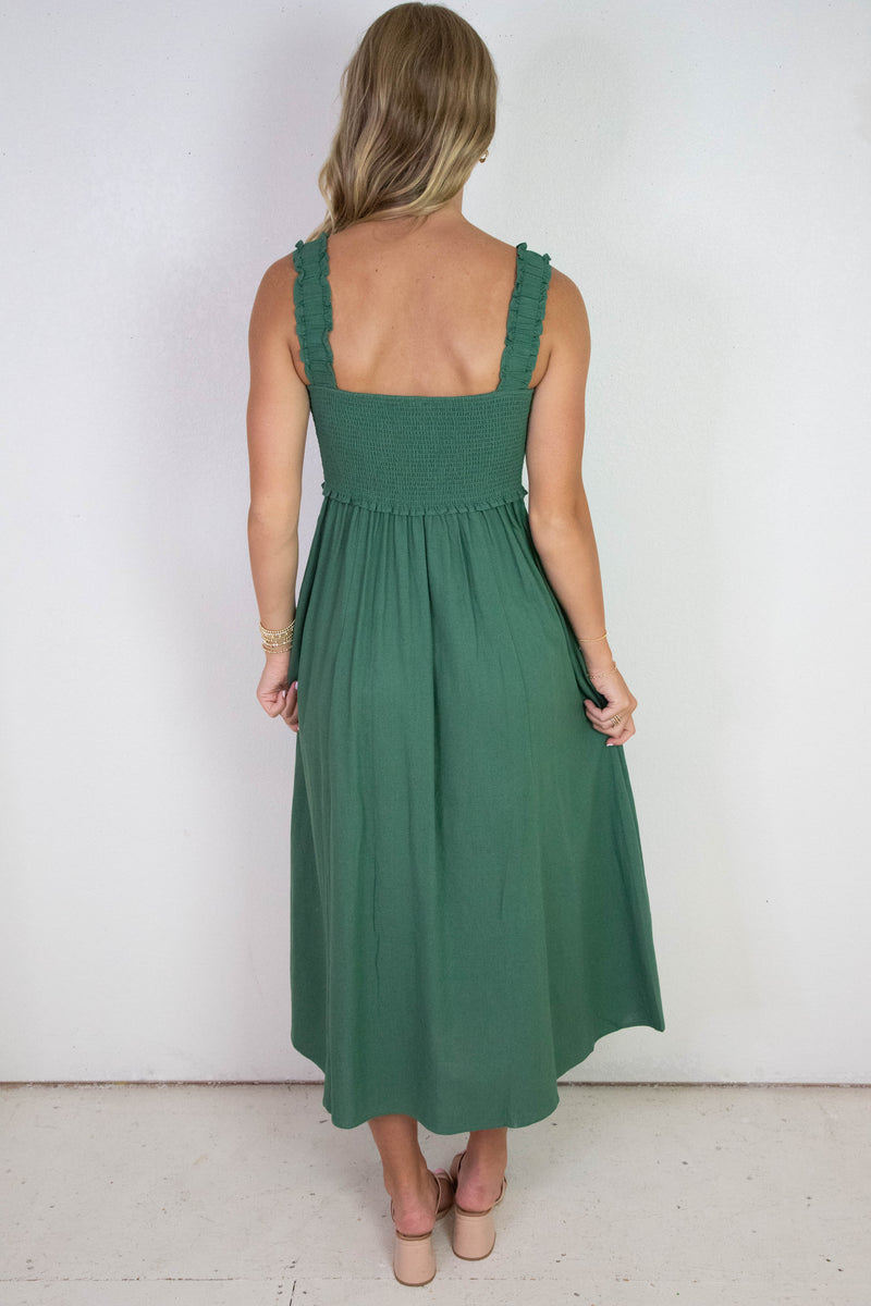 Maisie Smocked Faux Button Down Dress, Moss Green