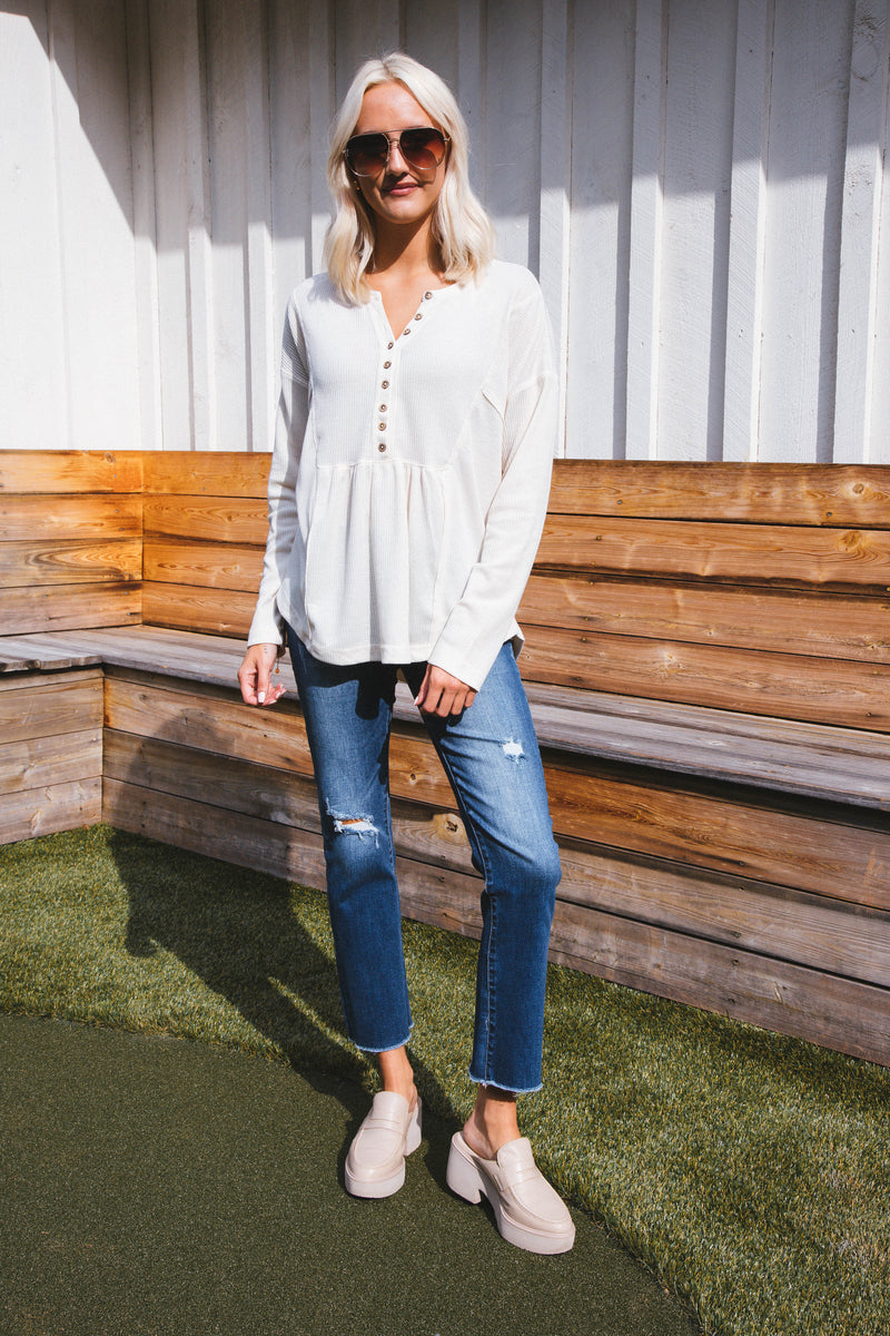 Polina Waffle Knit Henley Top, Cream