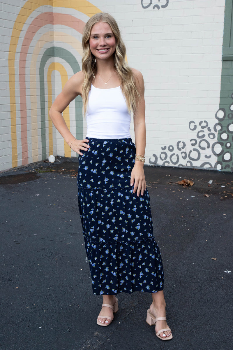 Charli Floral Tiered Midi Skirt, Navy