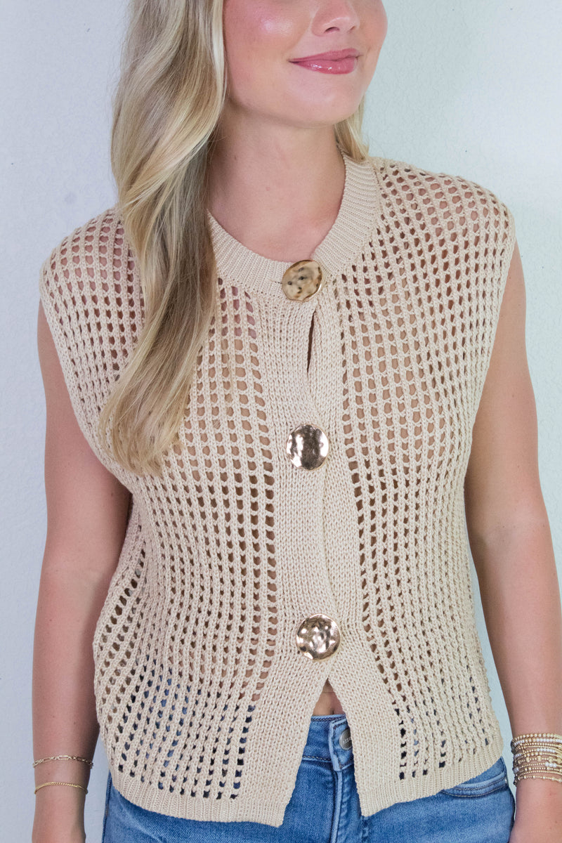 Leah Big Metal Button Sweater Vest, Oatmeal