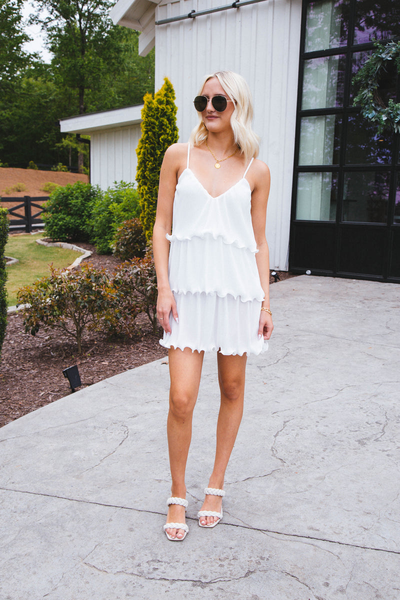 Costa Plisse Tiered Mini Dress, Ivory