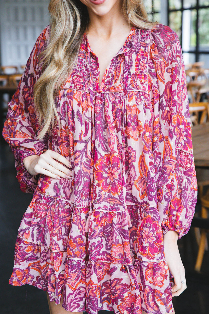 Skyla Tiered Puff Sleeve Dress, Pink Fuchsia