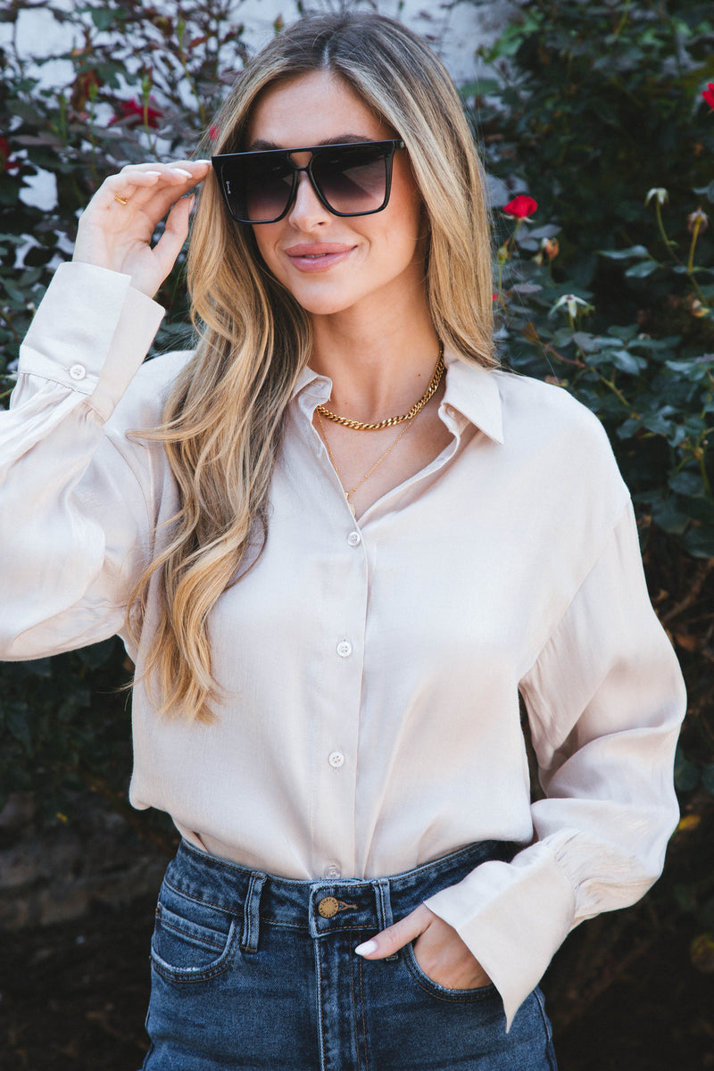 Khaleesi Satin Button Up Blouse, Light Khaki