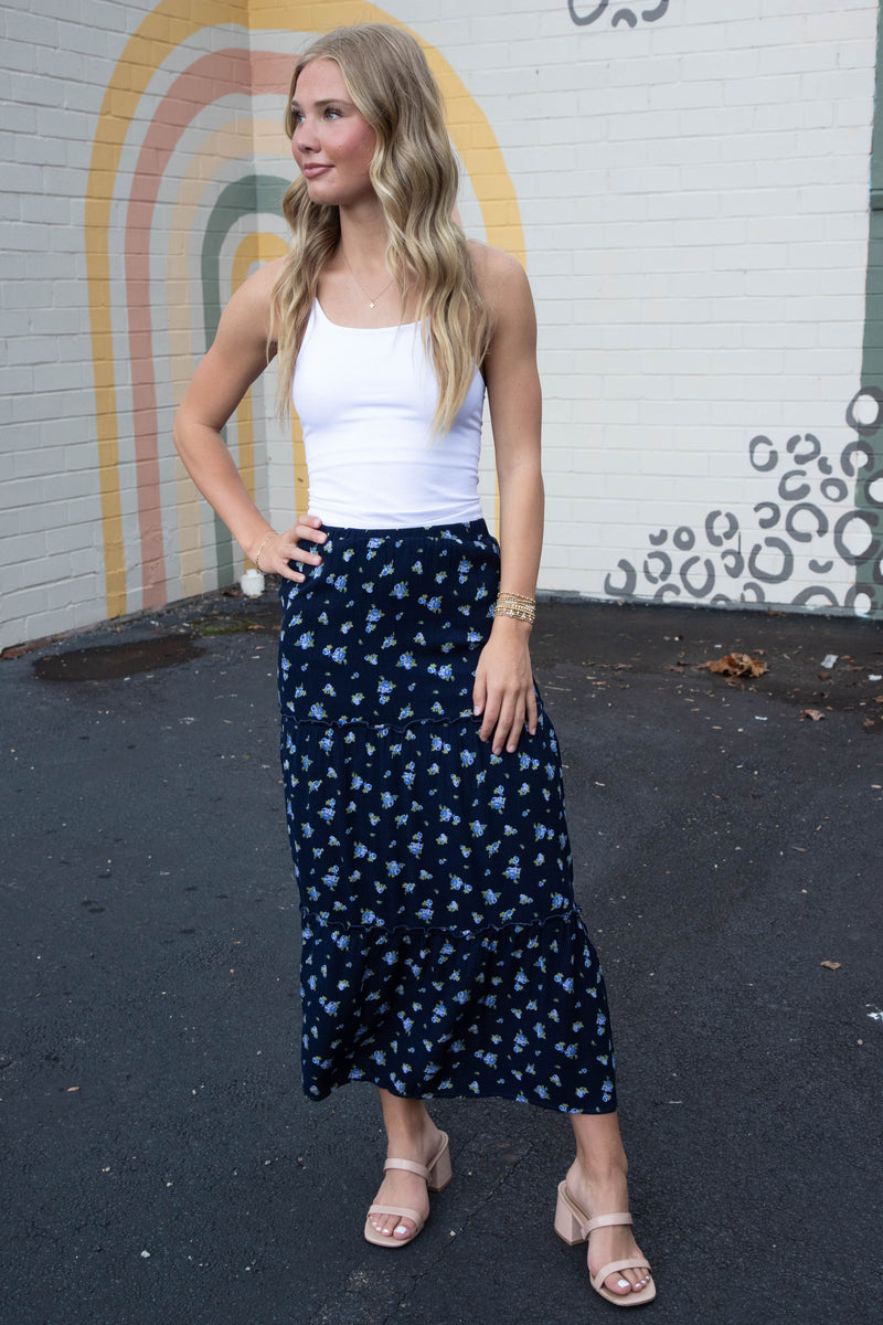 Charli Floral Tiered Midi Skirt, Navy