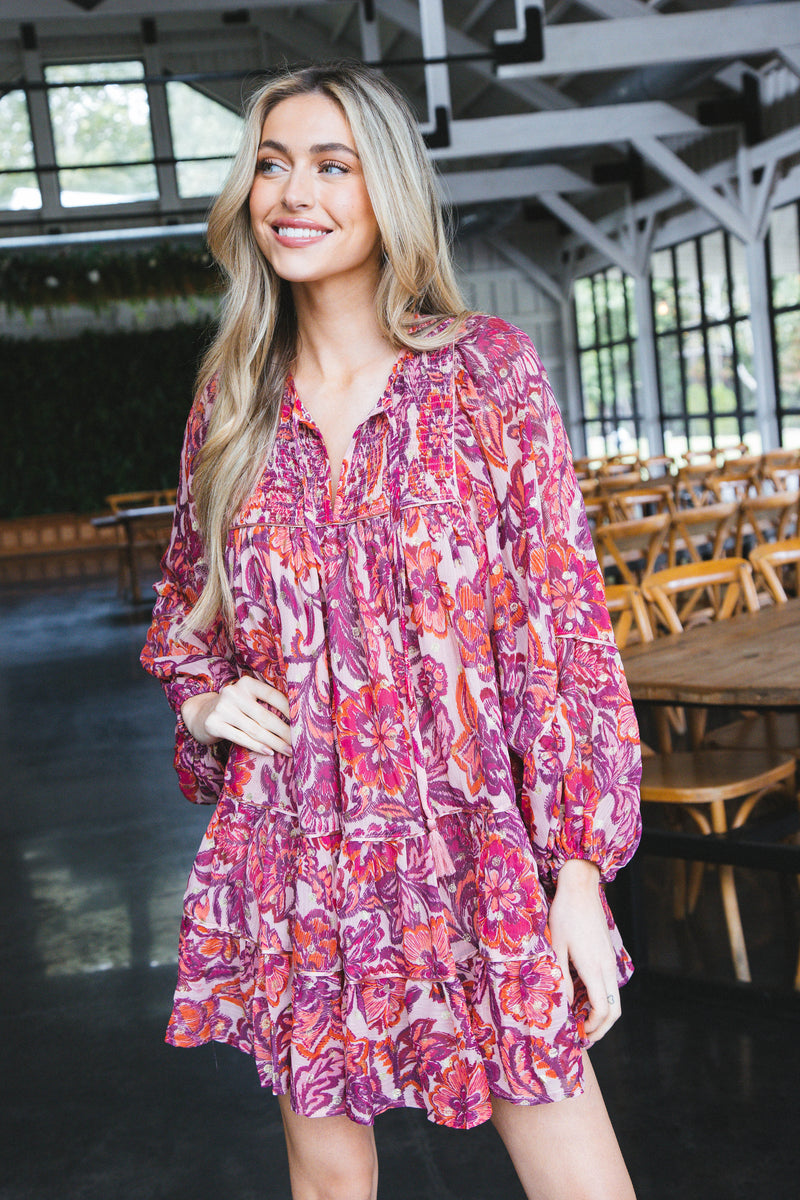 Skyla Tiered Puff Sleeve Dress, Pink Fuchsia