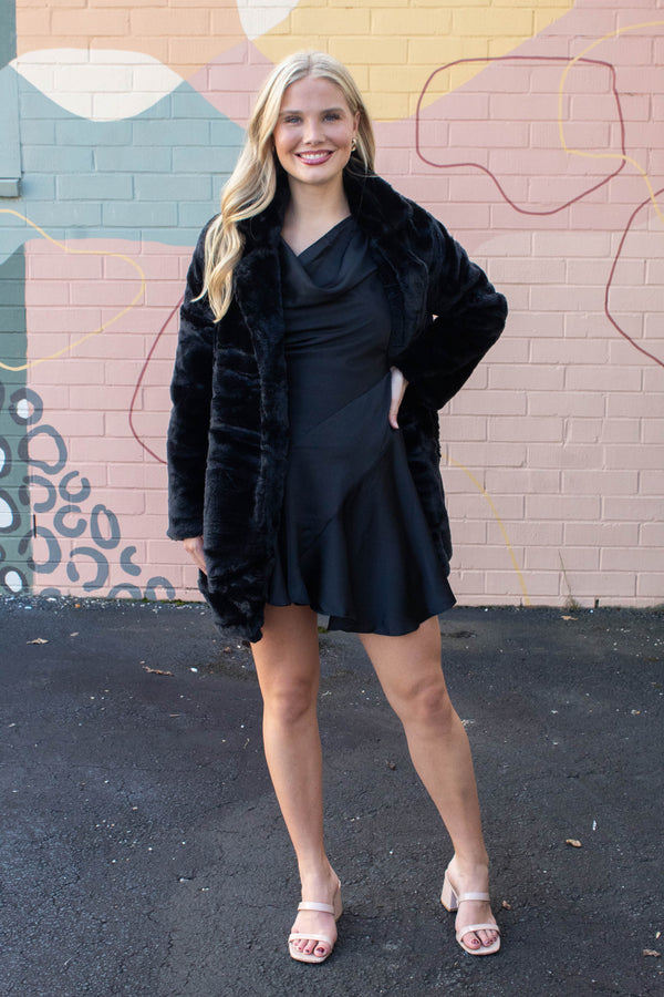 Ayla Faux Fur Collared Long Coat, Black