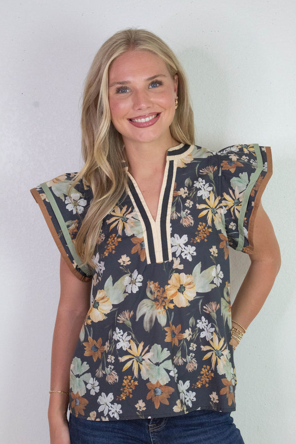 Flora Contrast Stripe V-Neck Top, Charcoal