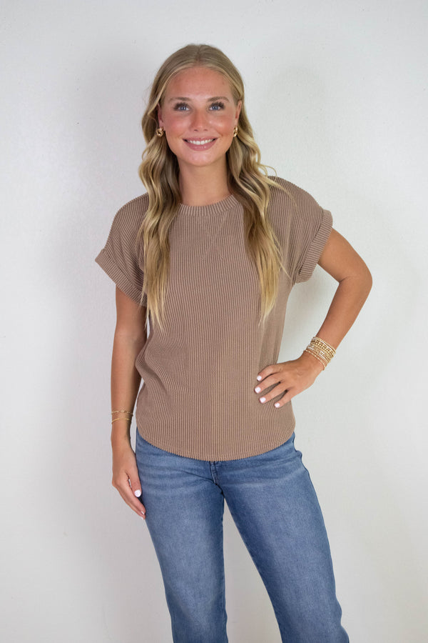 Lilly Ribbed Crew Neck Top, Mocha