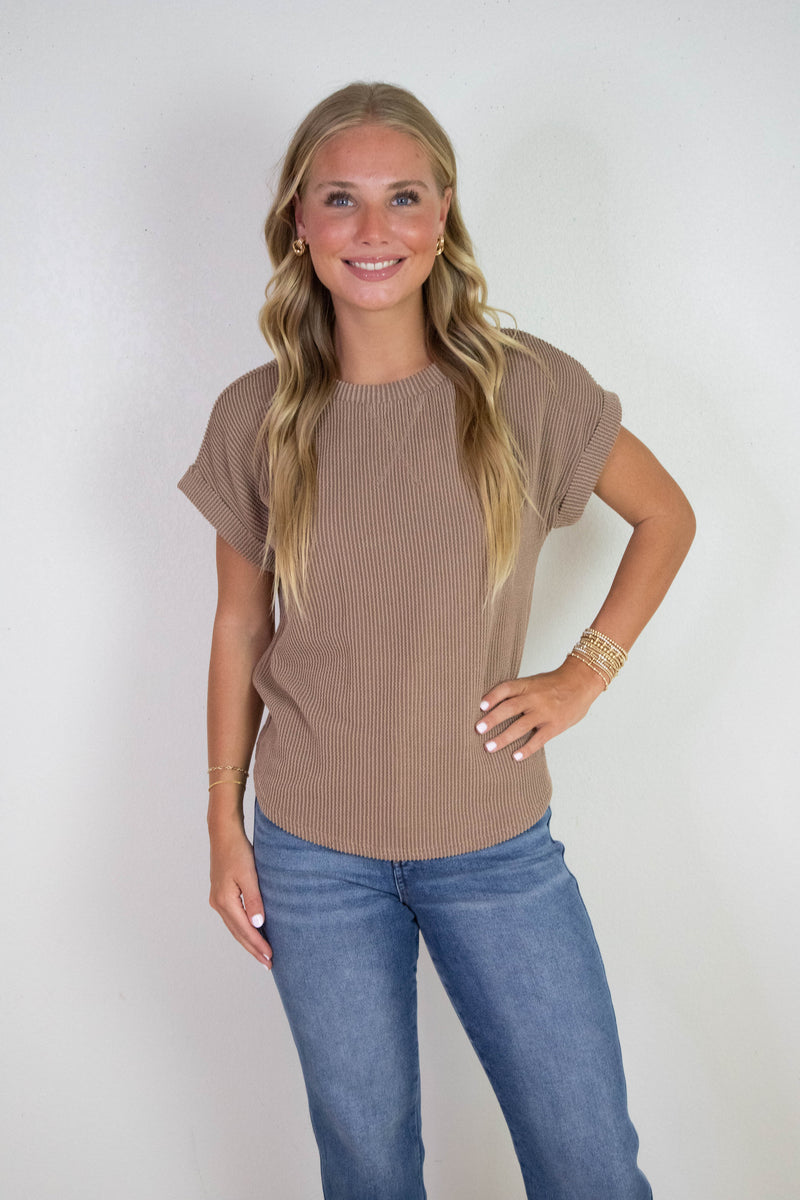 Lilly Ribbed Crew Neck Top, Mocha