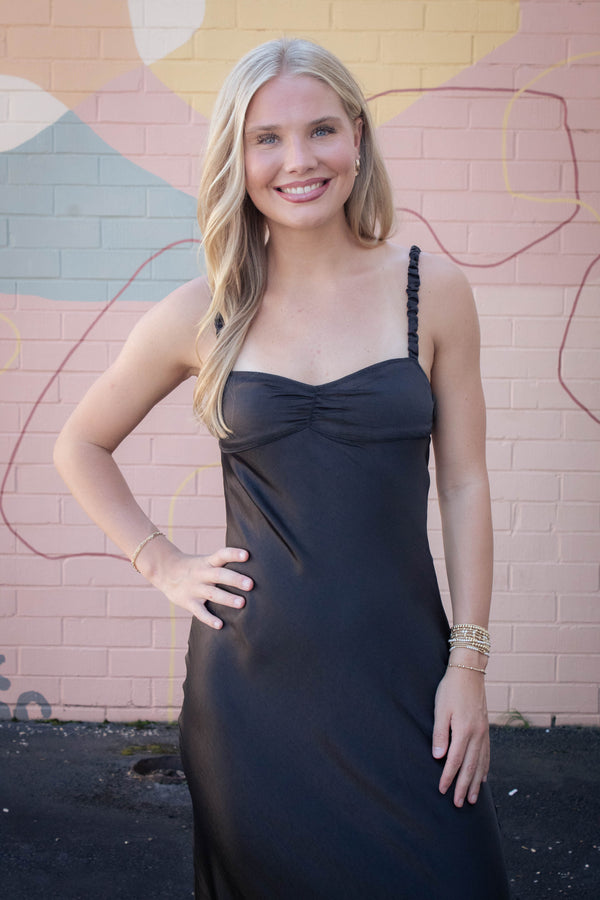 Lana Sweetheart Neck Satin Maxi Dress, Black