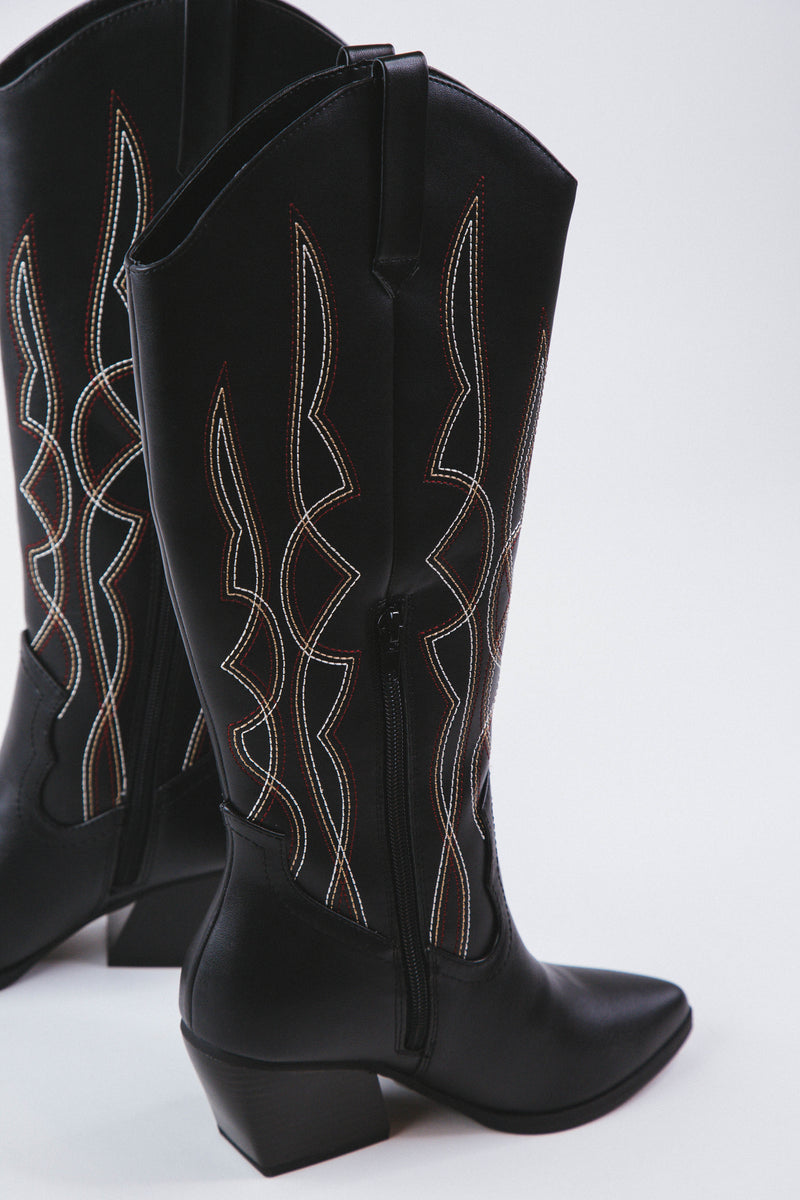 Zaki Tall Western Boot with Stitching, Black