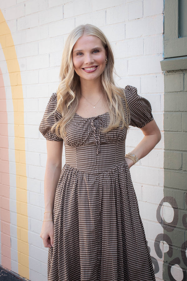 Zara Plaid Corset Detail Midi Dress, Brown Multi