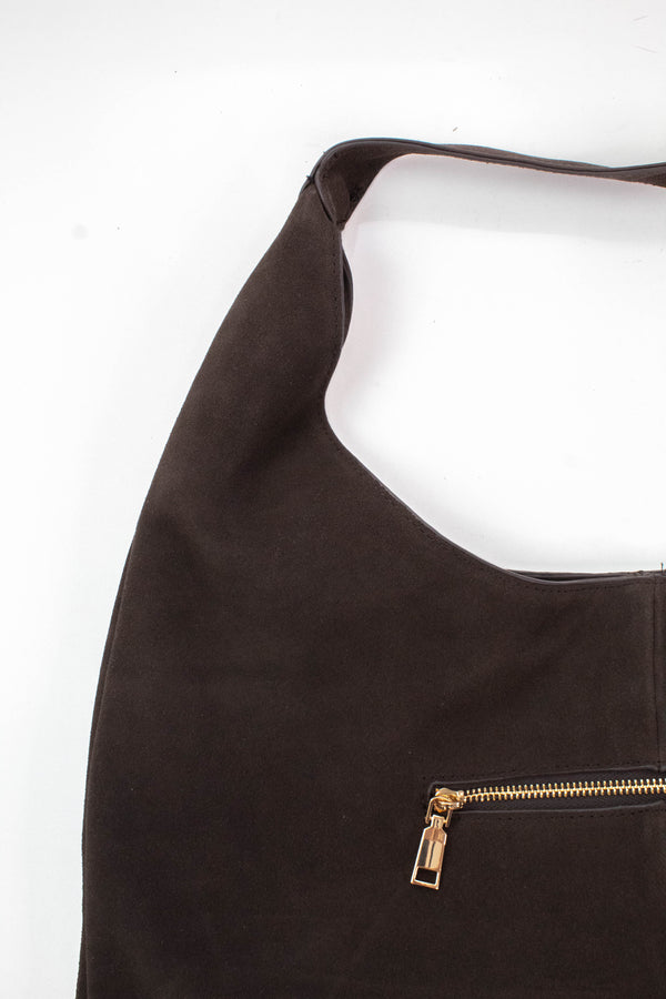 Amber Genuine Suede Leather Hobo Bag, Chocolate | Moda Luxe