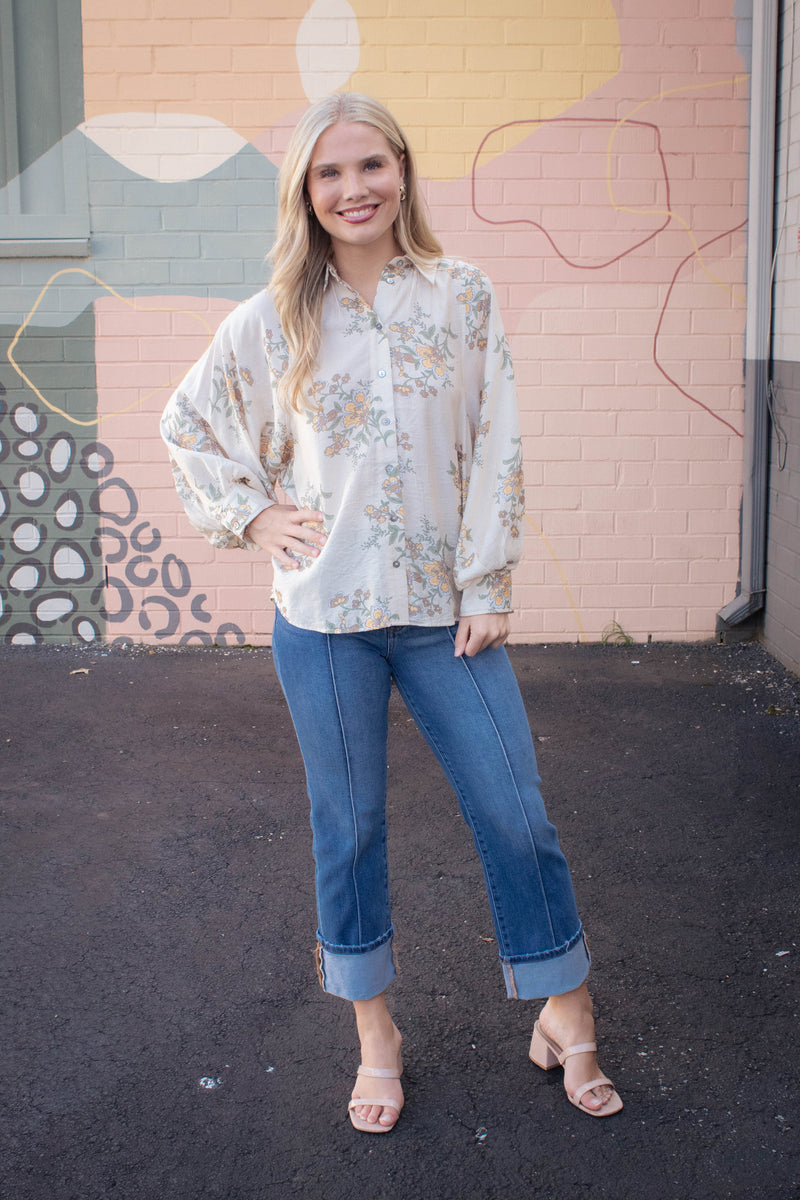 Lucy Button Down Floral Top, Ecru