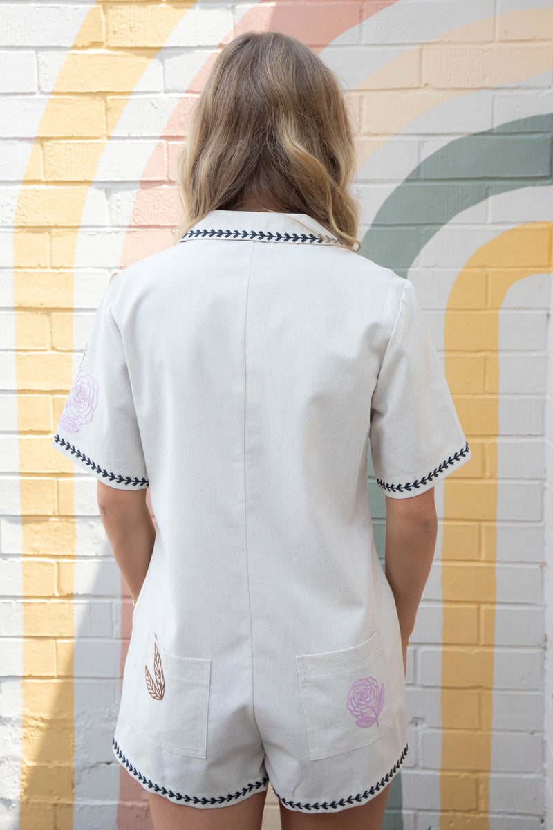Camryn Embroidered Romper, Oatmeal