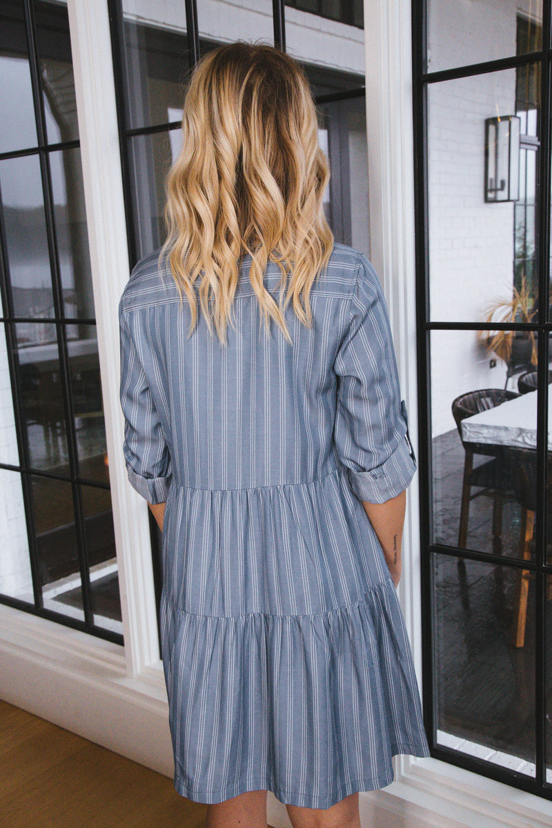 Bree Button Down Tiered Dress, Blue Spruce Stripe | Velvet Heart
