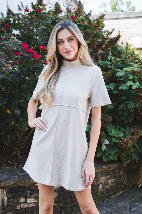 Call Away Mock Neck Mini Dress, Oatmeal