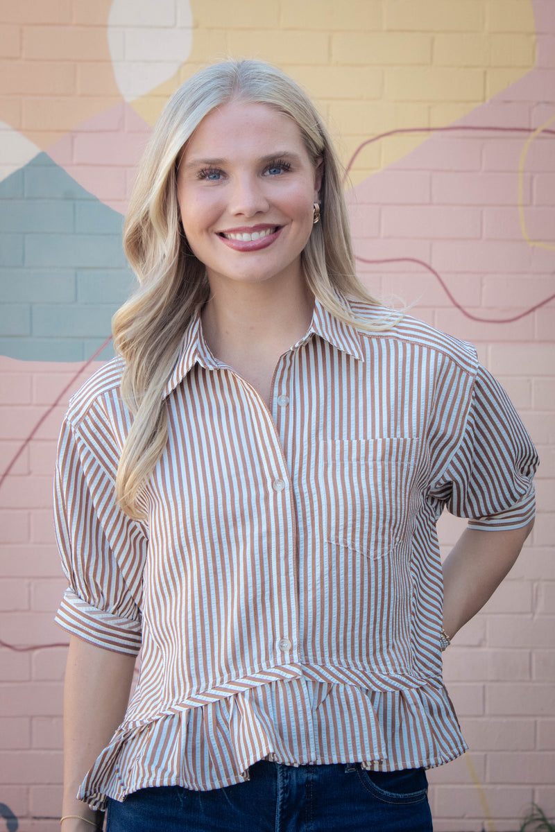 Indie Striped Ruffle Hem Button Up Top, Brown