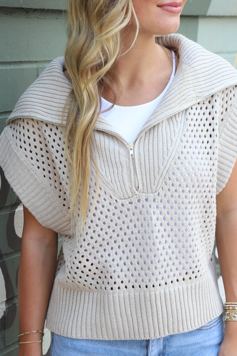 Evangeline Collared Half Zip Sweater Vest, Stone