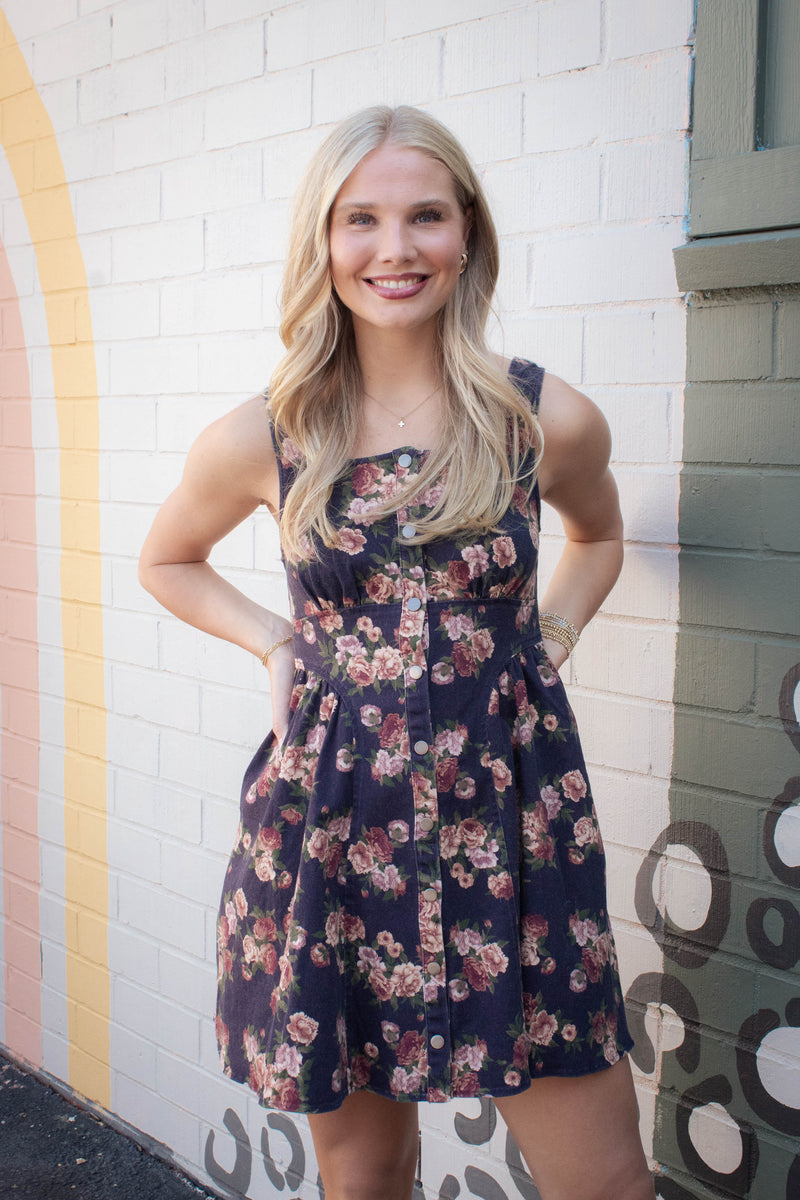 Opal Stone Washed Floral Denim Dress, Navy
