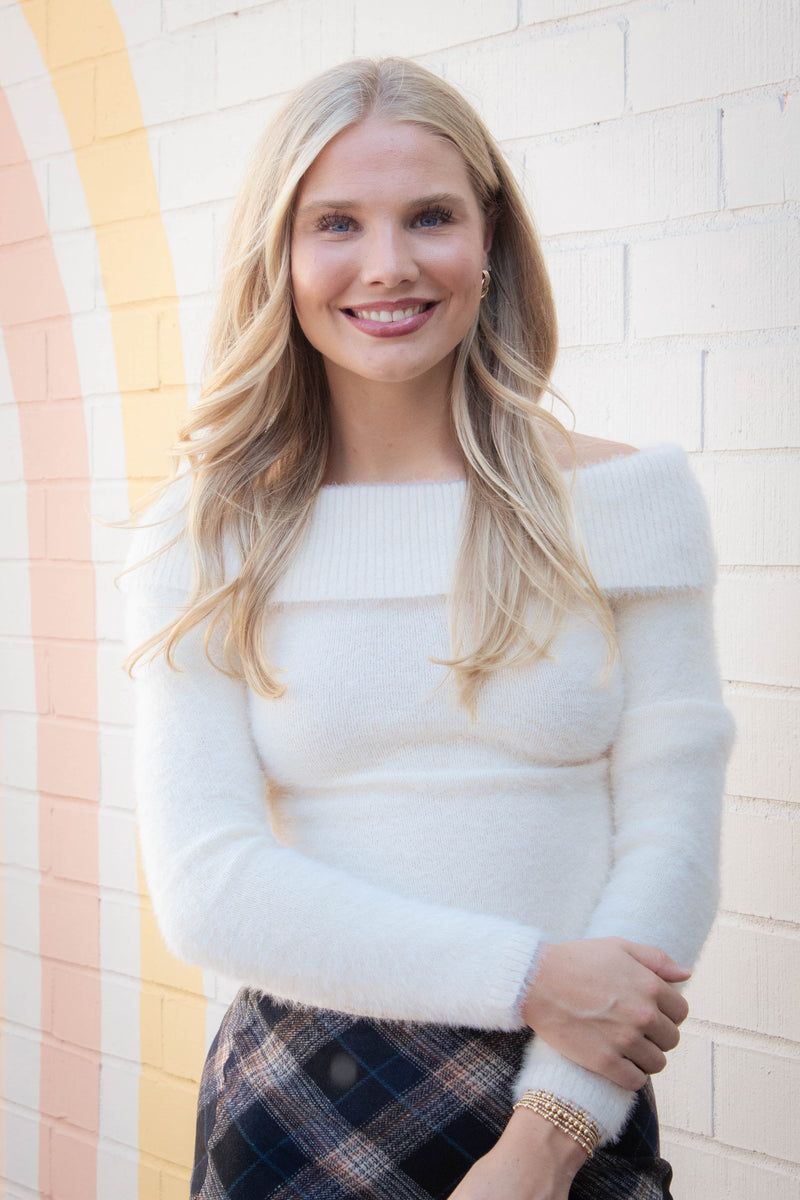 Wren Off Shoulder Fold Over Sweater, Cream